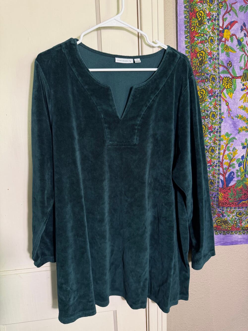 Susan Graver Green Velour Tunic Top Long Sleeve Split Neck Velvet Look - 3X